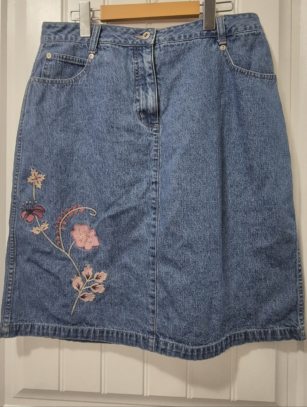 Womens Vintage Reflect Jeans Denim Skirt W Floral Embroidery Size 14